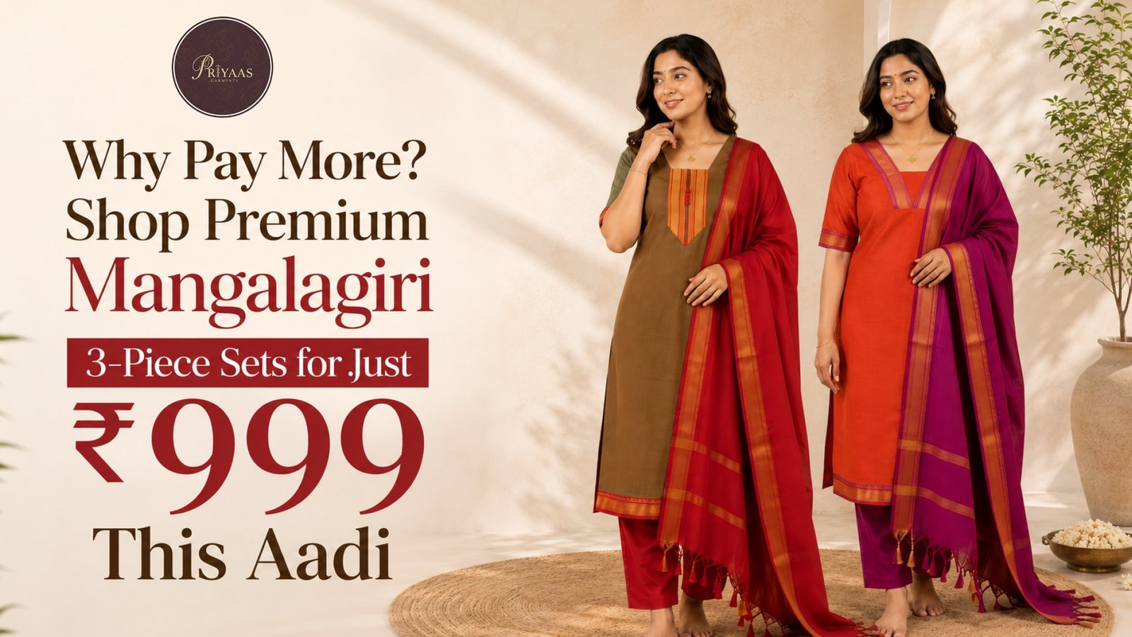 Why Pay More? Shop Premium Mangalagiri 3-Piece Sets for Just ₹999 This Aadi