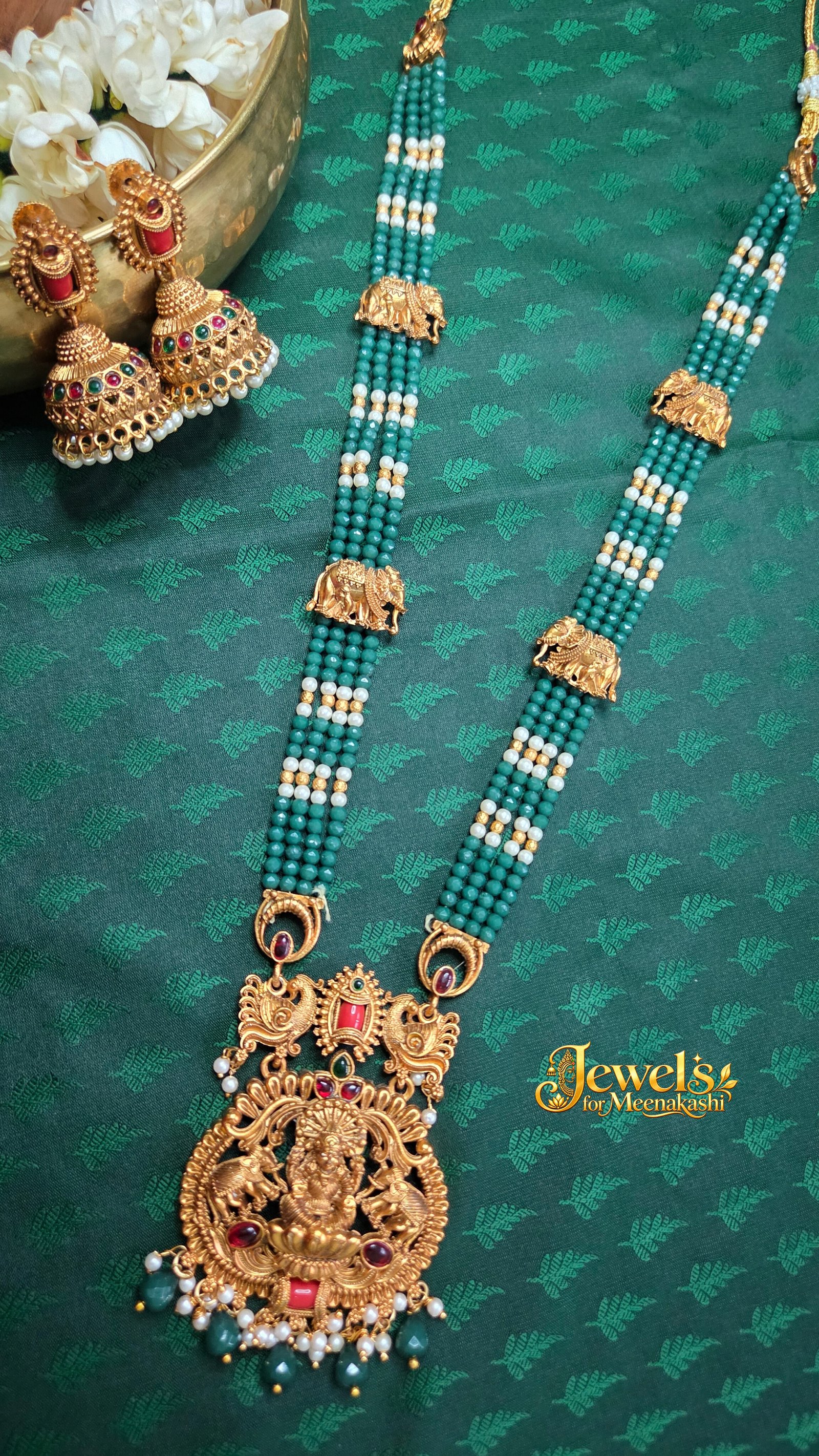 Traditional Green Beads & Coral Antique Long Haram & Coral Earring DC 22