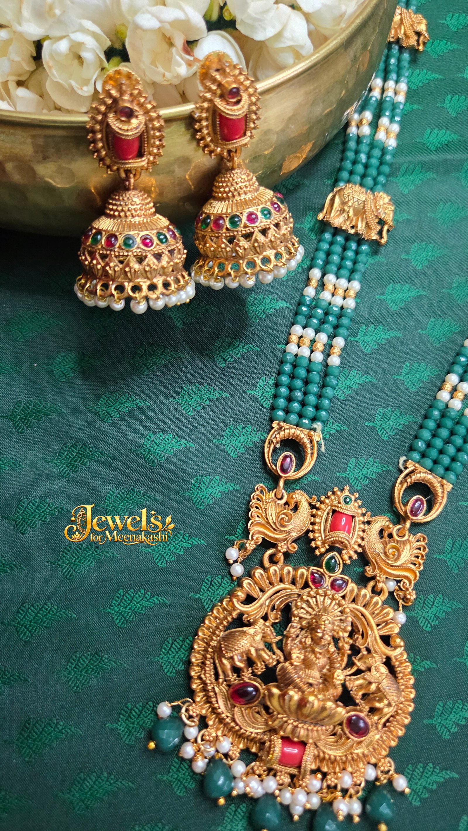 Traditional Green Beads & Coral Antique Long Haram & Coral Earring DC 22