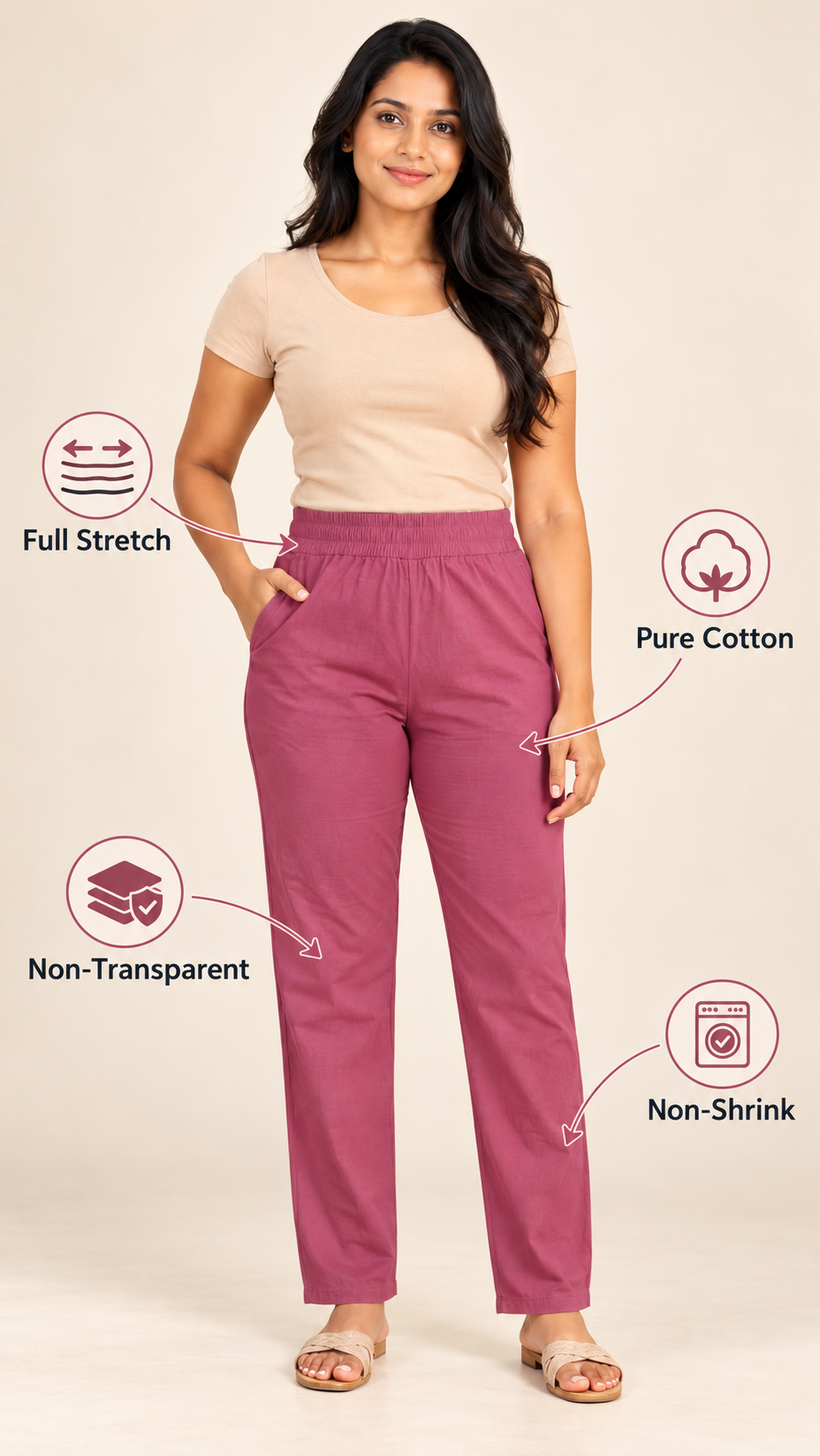 Cream Stretchable Slim Fit Pants