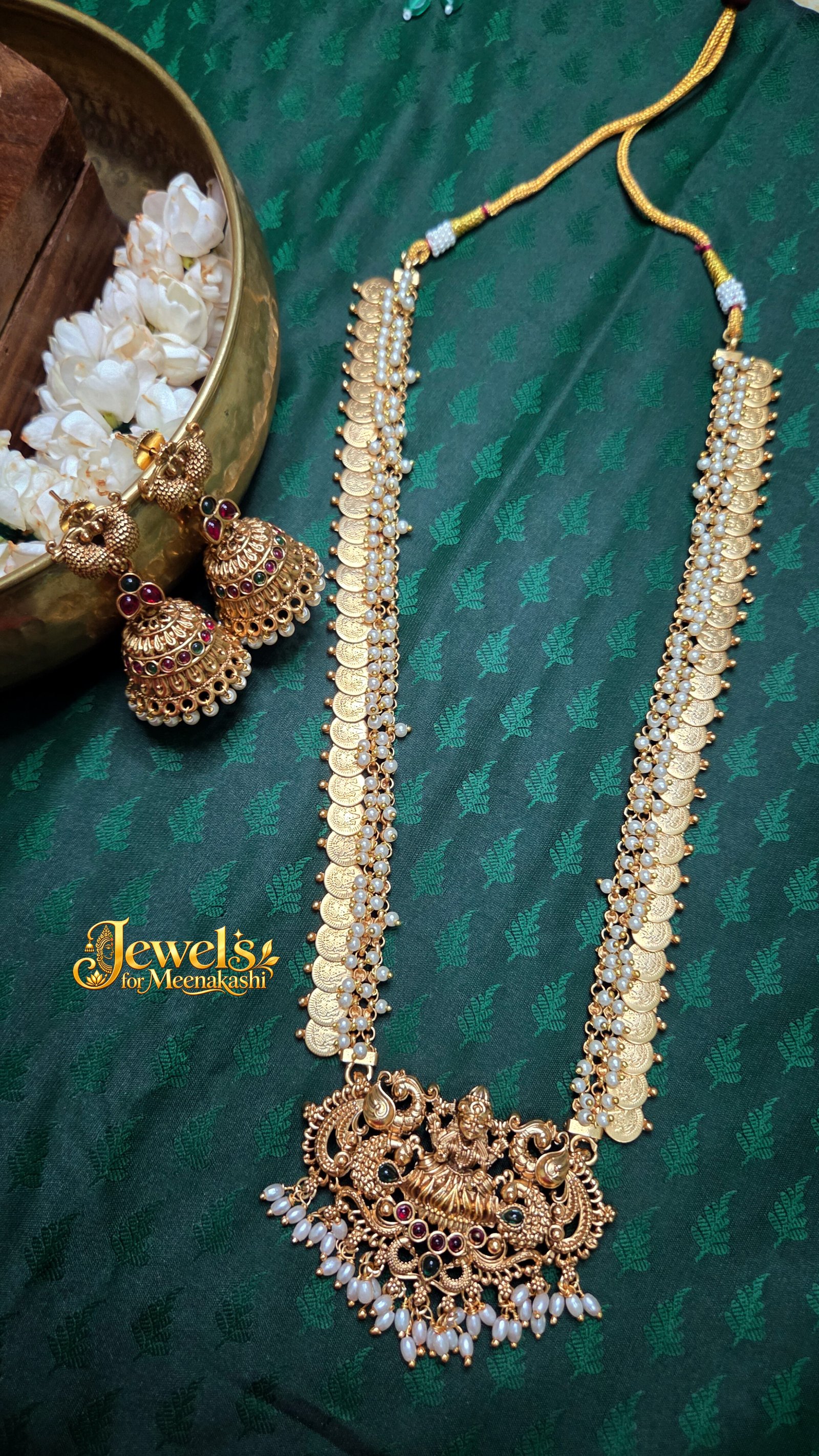 Divine Goddess Lakshmi Kasu Haram Set withPearl Jhumkas DC 06