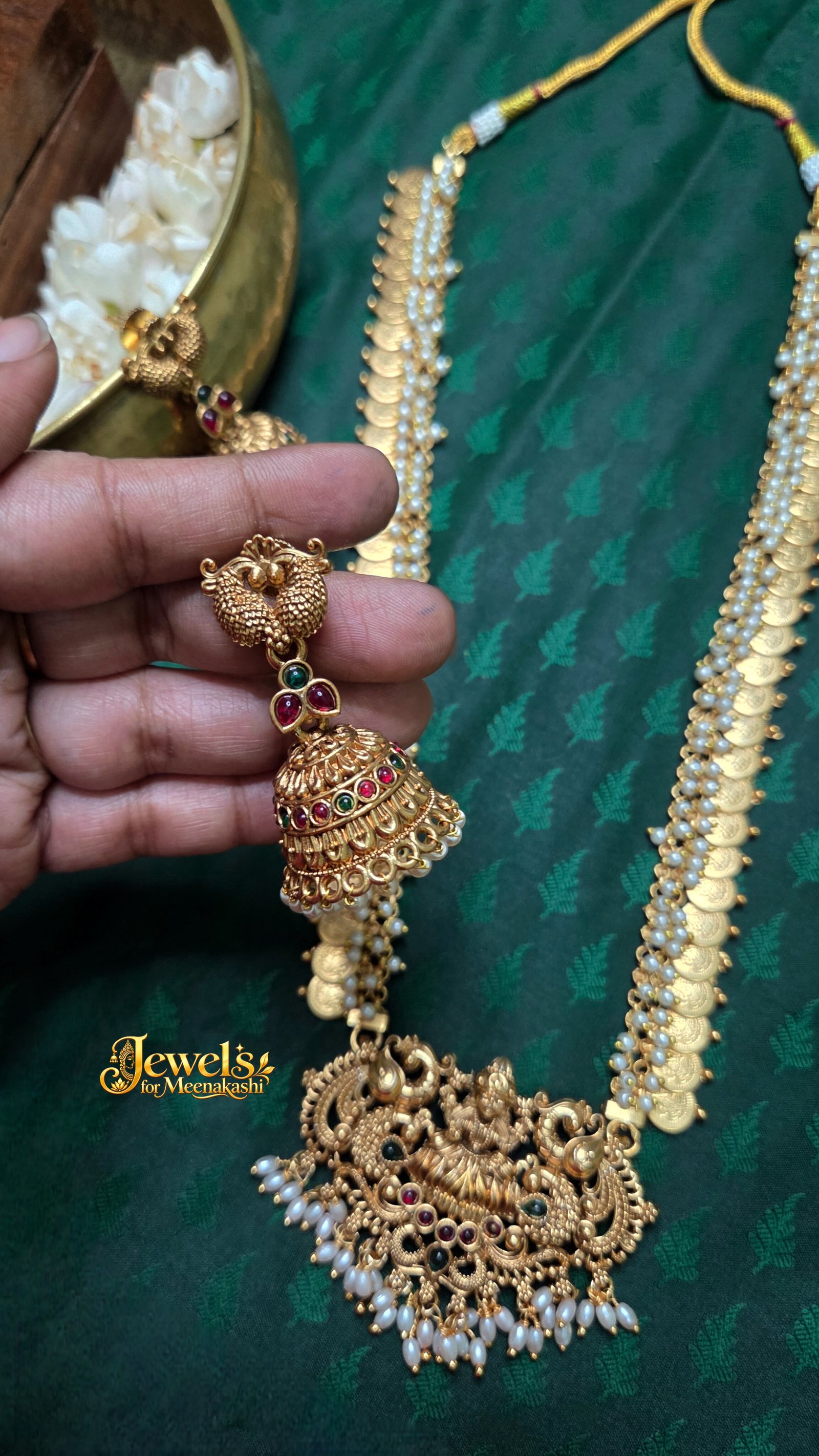 Divine Goddess Lakshmi Kasu Haram Set withPearl Jhumkas DC 06