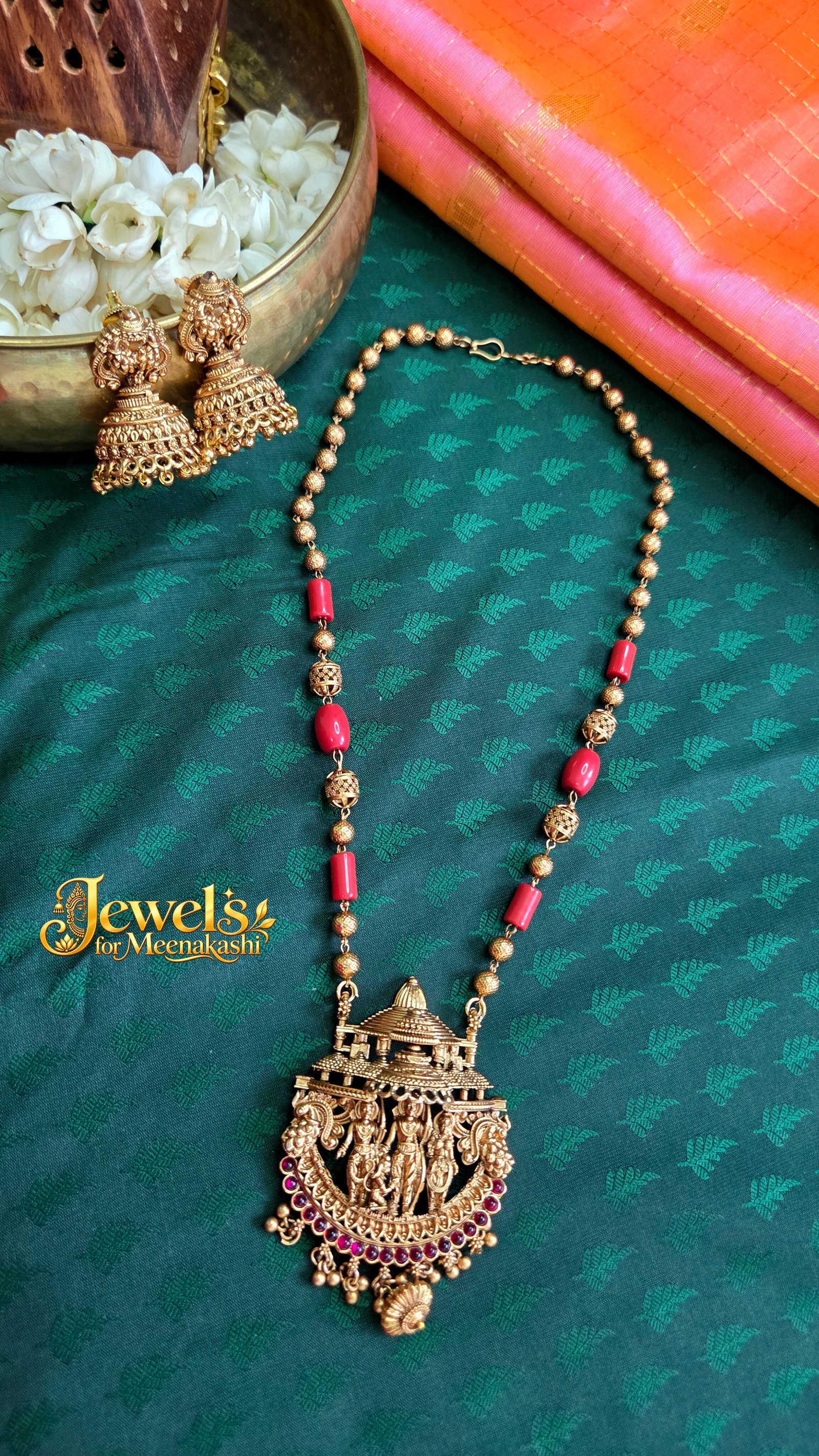 Rama Seetha Kalyanam Mid Haram Coral Set with Jhumkas DC 32