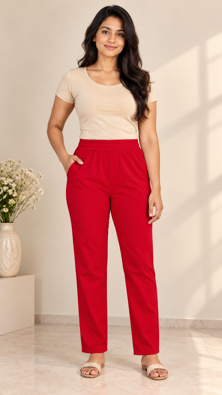 Red Stretchable Slim Fit Pants