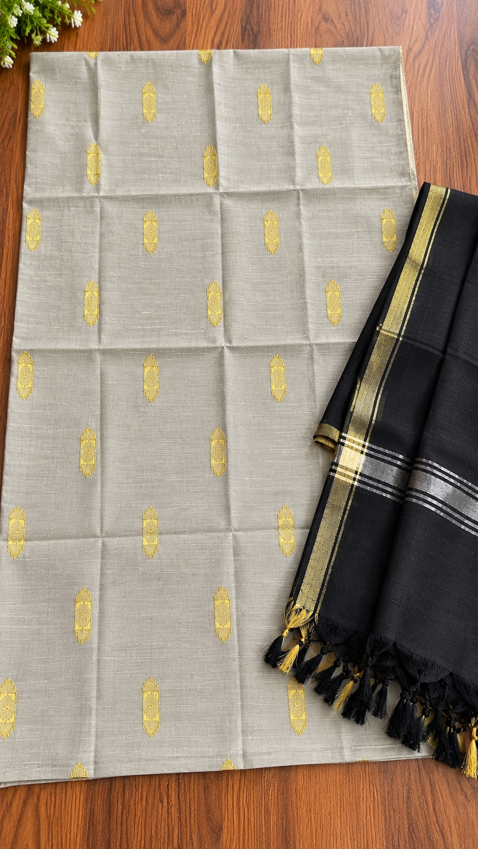 Silver and Black Unstitcted Handwoven Raw Silk 2 Piece Set