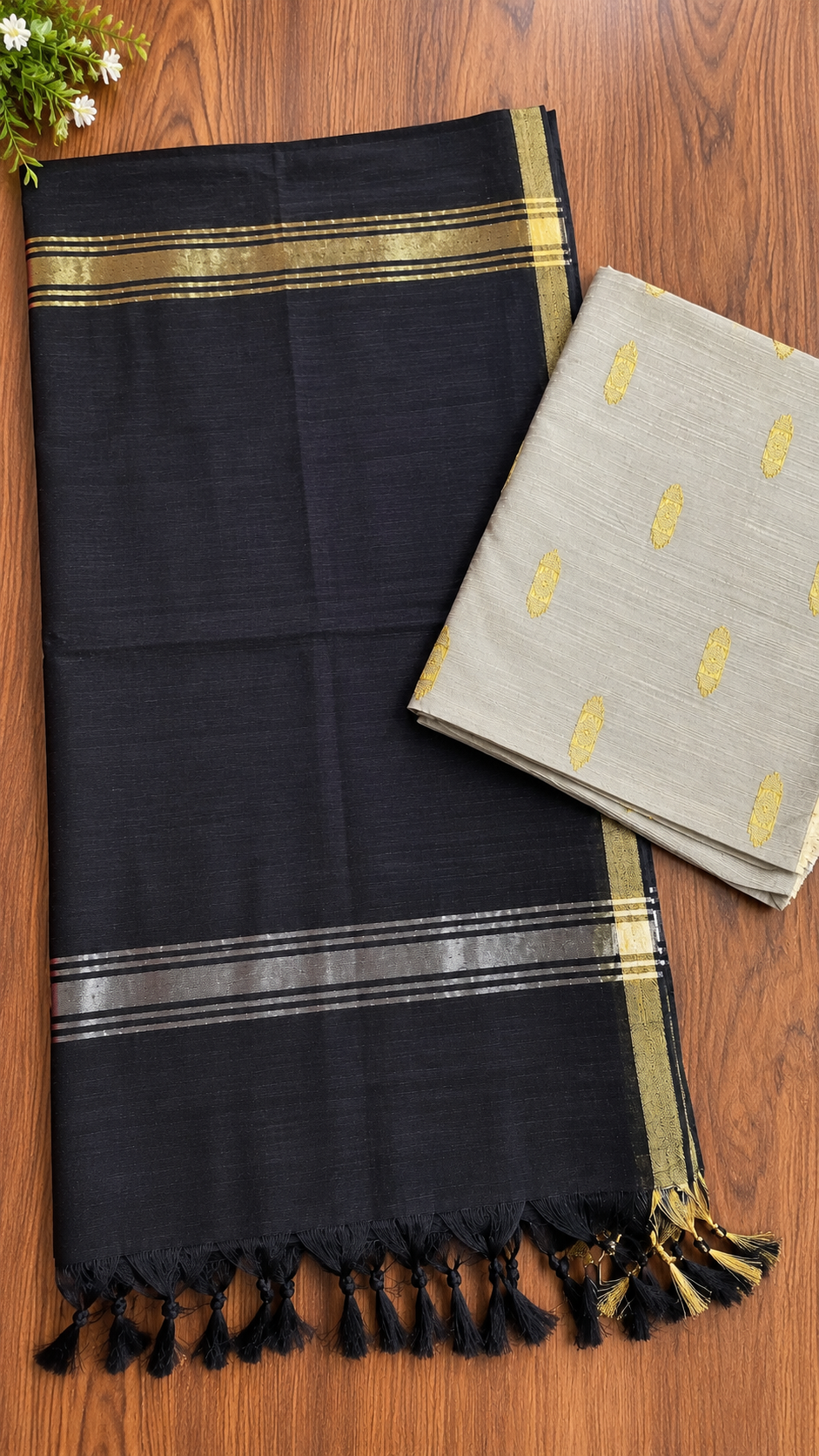 Silver and Black Unstitcted Handwoven Raw Silk 2 Piece Set