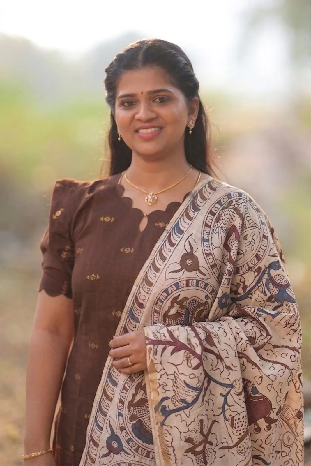 Coffee Brown kurta set with Kalamkari Shawl