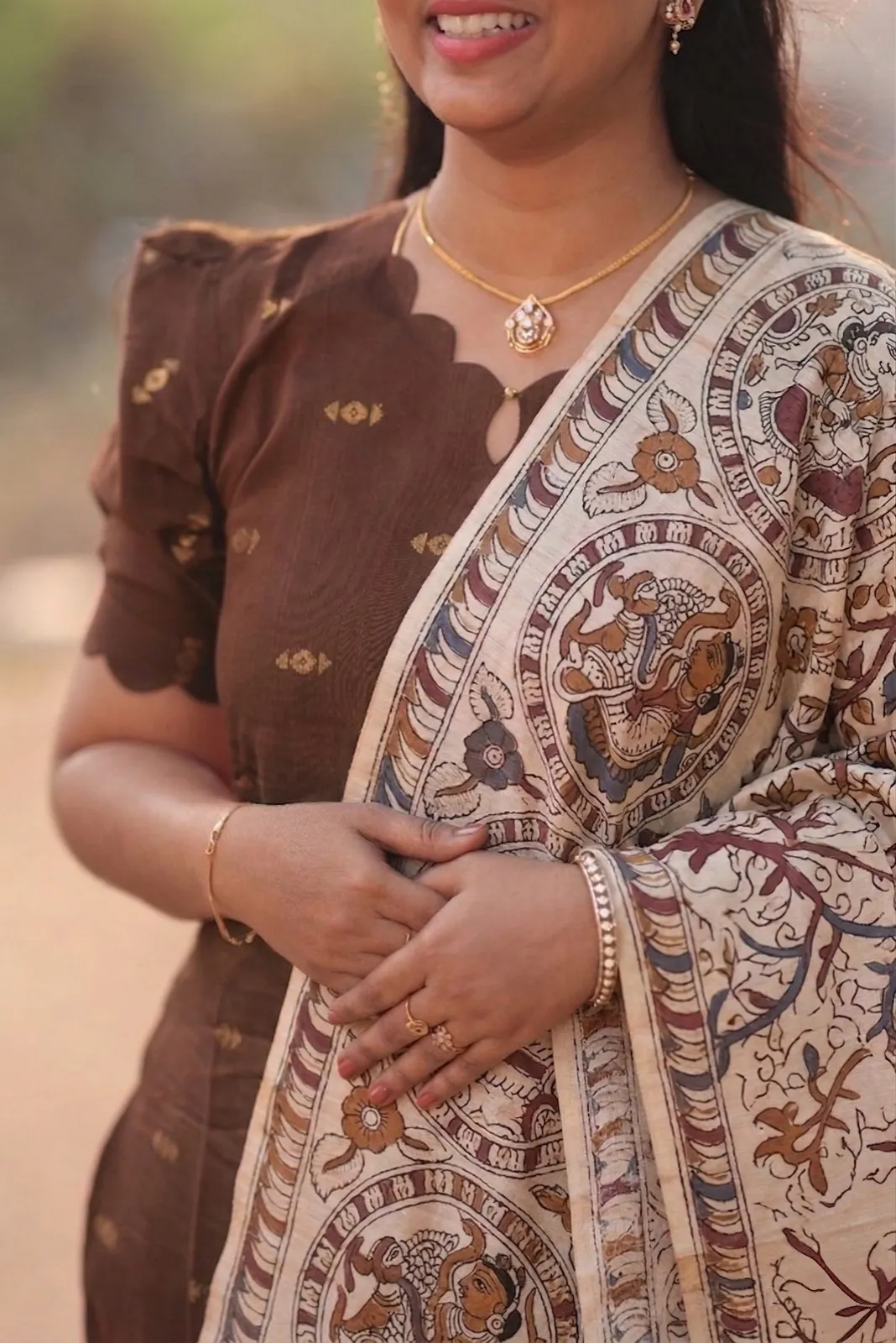 Coffee Brown kurta set with Kalamkari Shawl