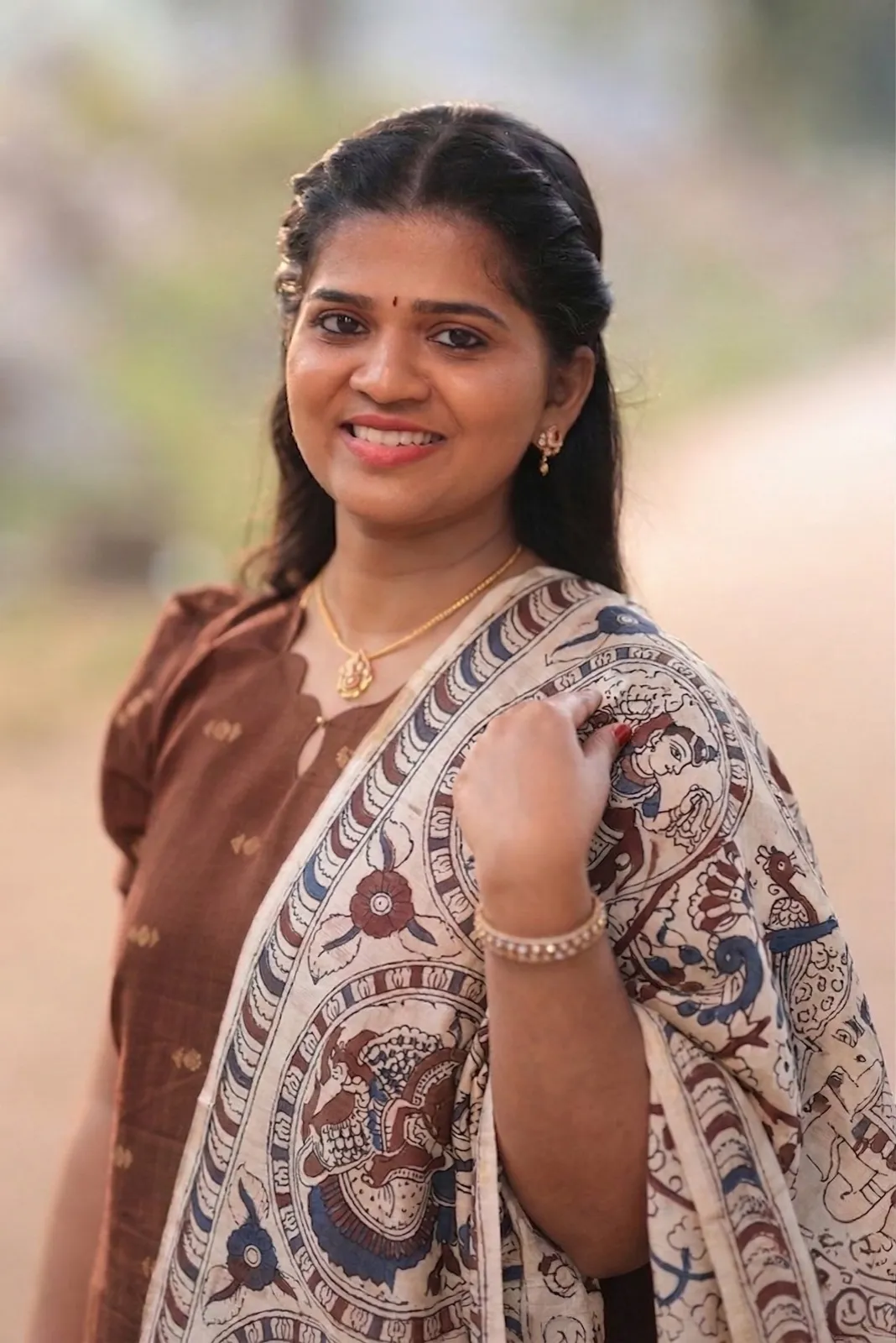 Coffee Brown kurta set with Kalamkari Shawl