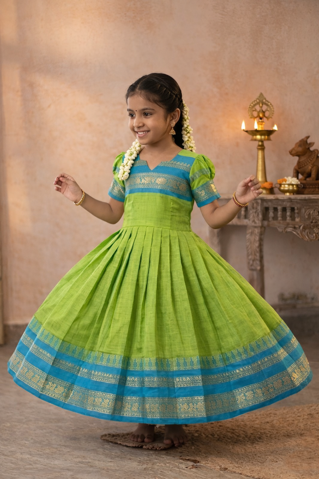 Parrot Green with Blue baby frock