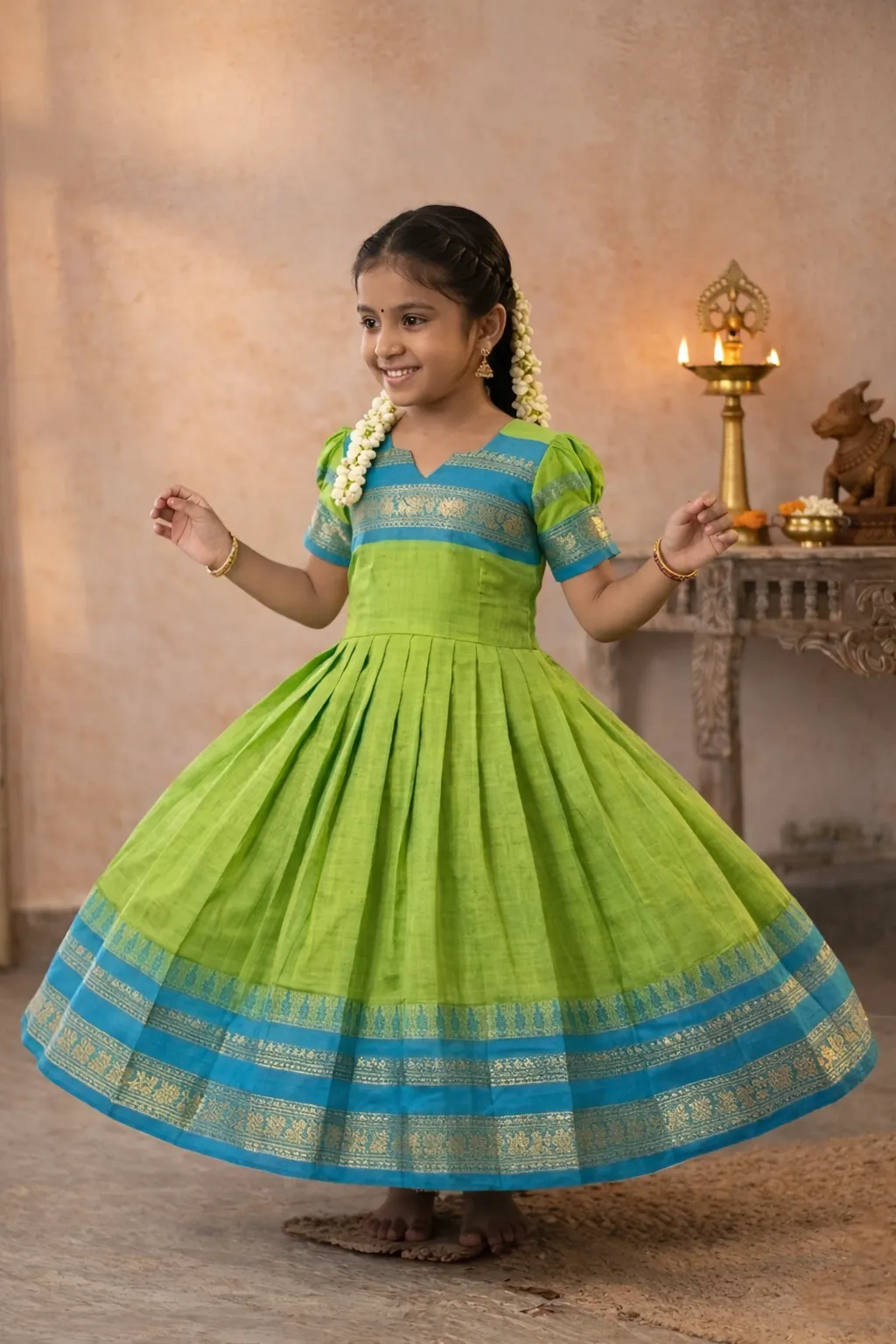 Parrot Green with Blue Baby Frock