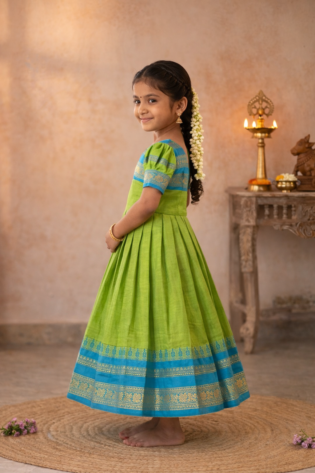 Parrot Green with Blue baby frock