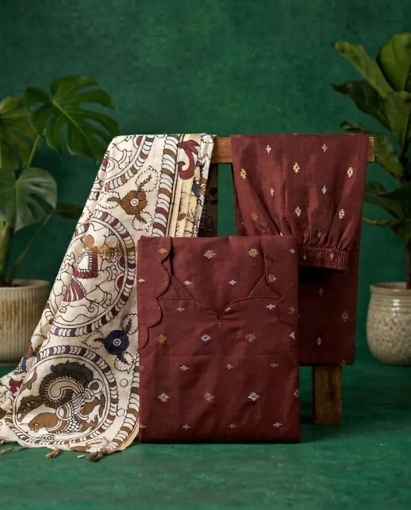 Coffee Brown kurta set with Kalamkari Shawl