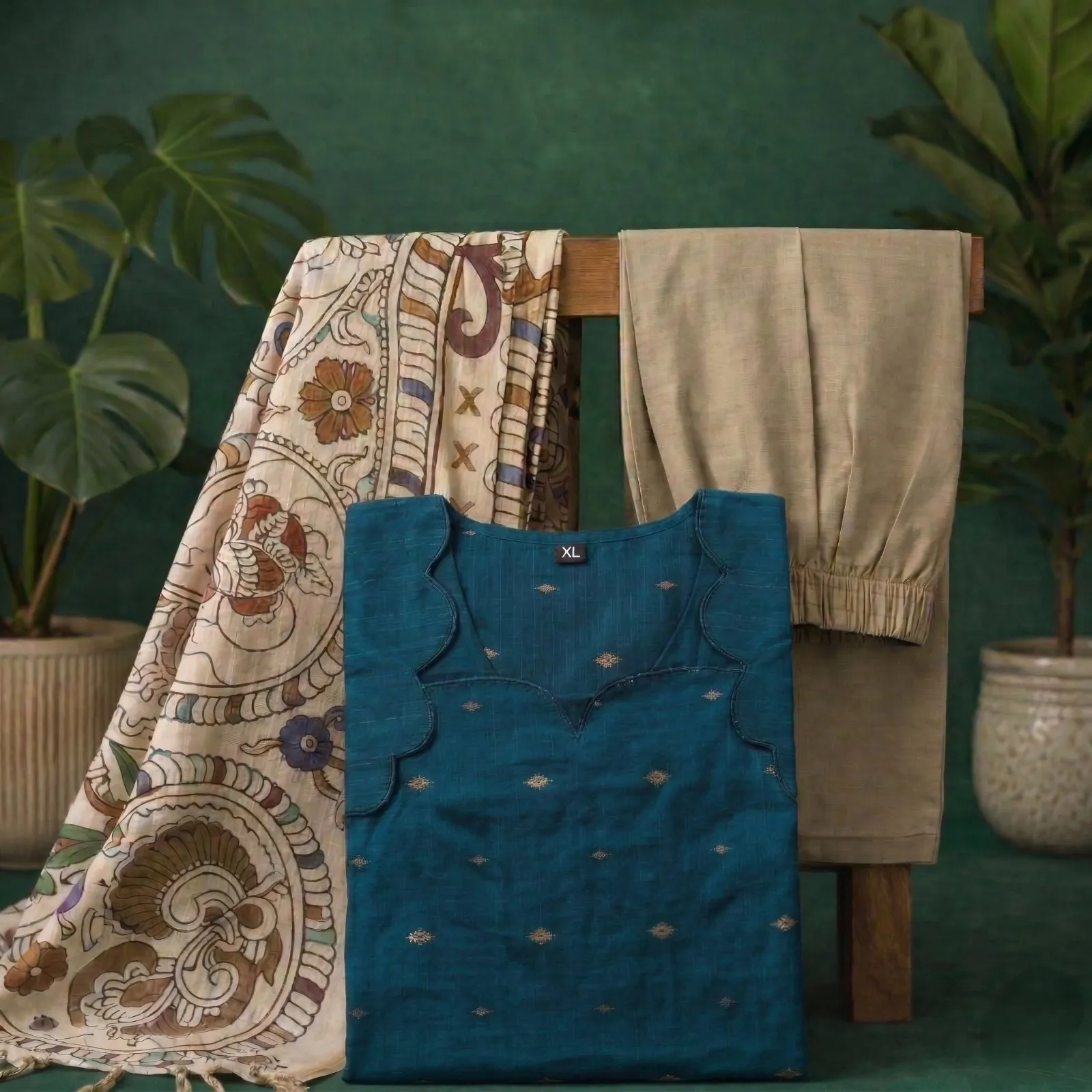 Teal Blue kurta set with Kalamkari Shawl
