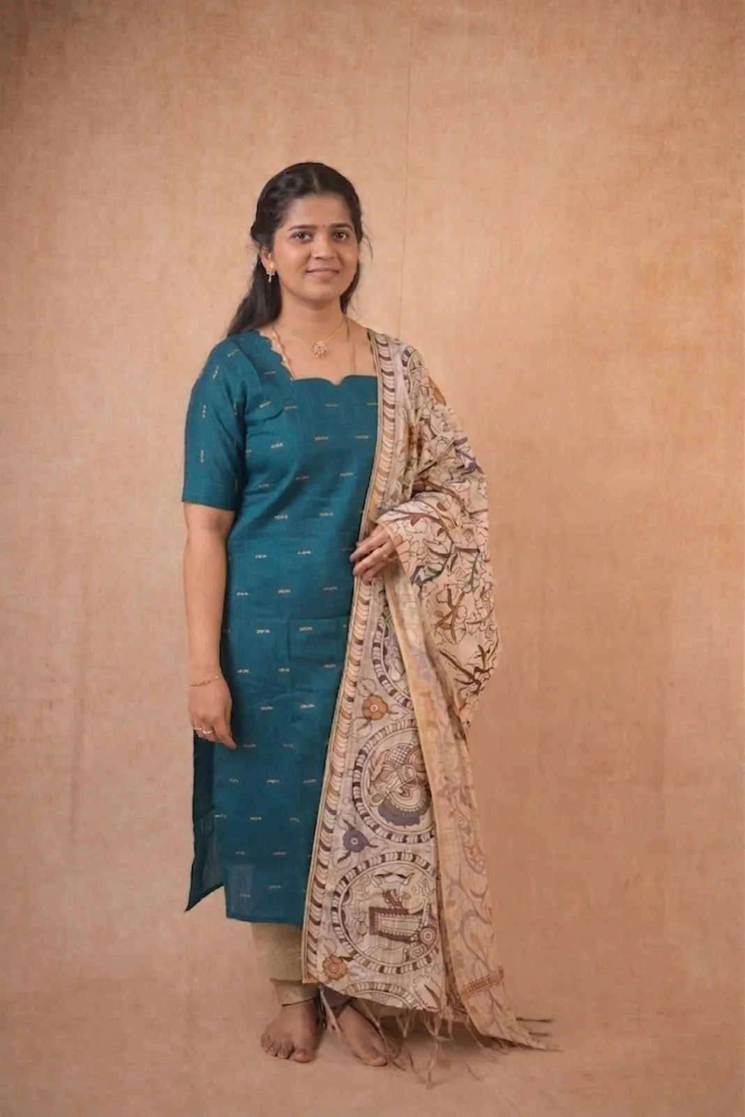 Teal Blue kurta set with Kalamkari Shawl