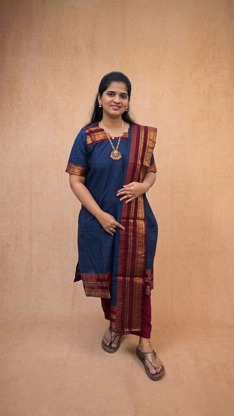 Navy Blue Kurta with Maroon Shawl