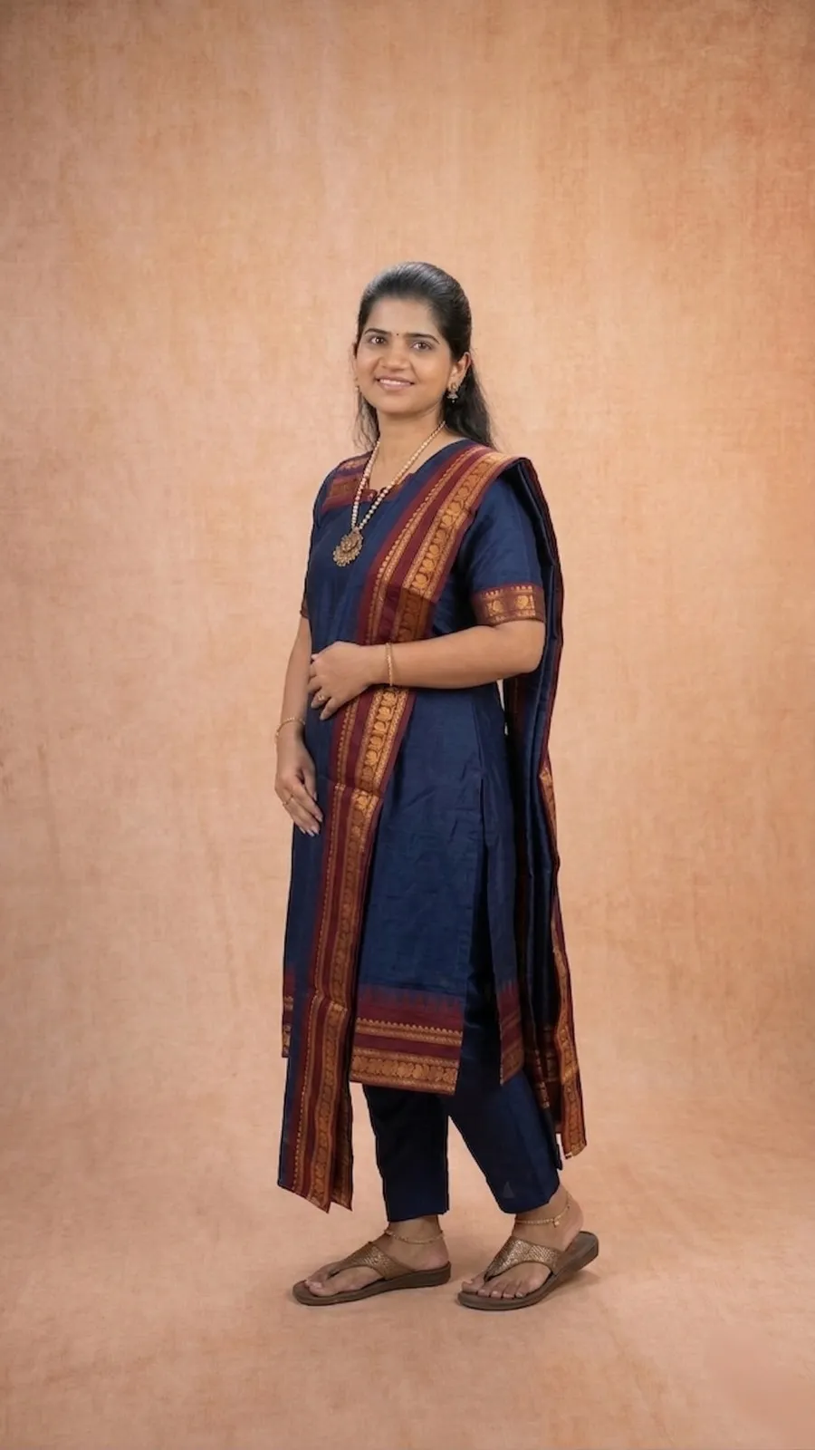 Navy Blue Kurta with Maroon Shawl