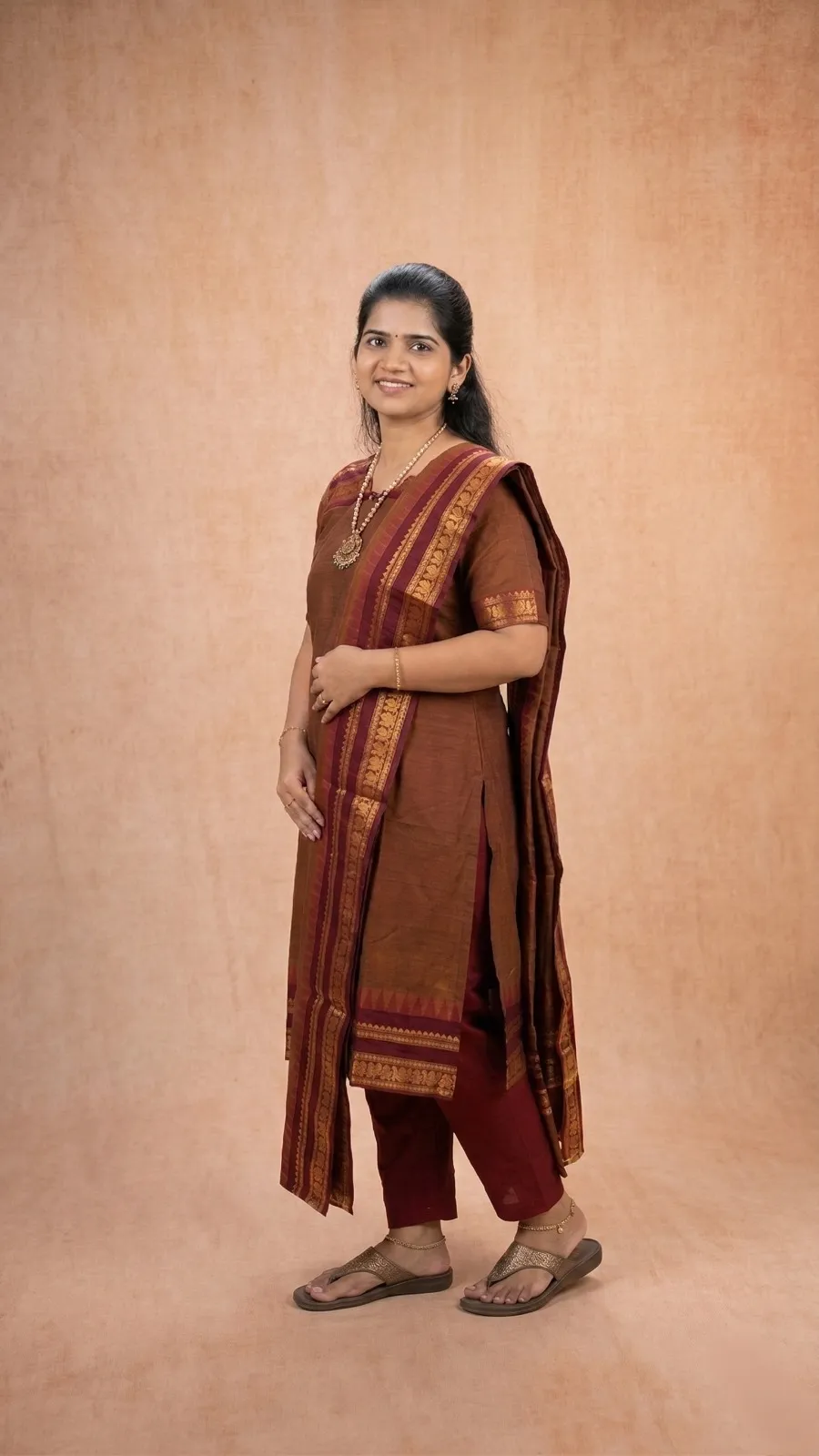 Brown Kurta with Maroon Shawl