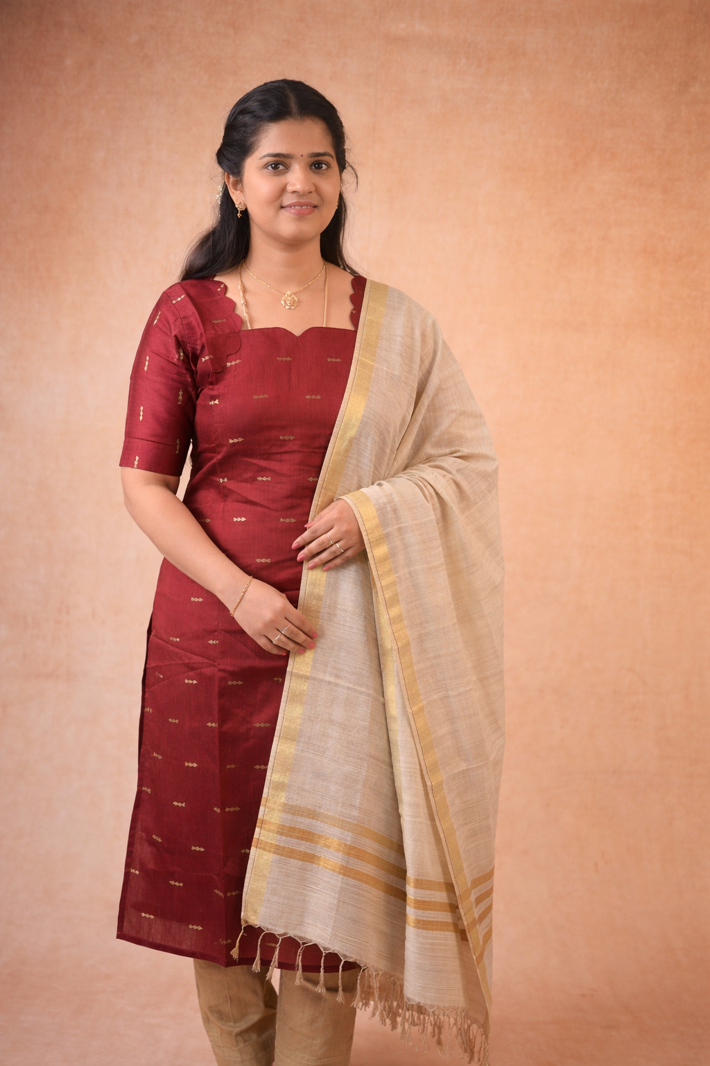 Beige with Gold Zari Border Dupatta  Only